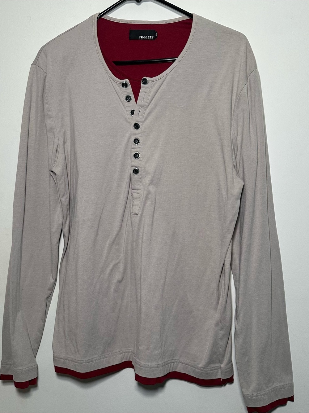 TheLEES XL Long Sleeve Henley Shirt Gray Red Layered Look 100% Cotton Men's - Picture 4 of 16
